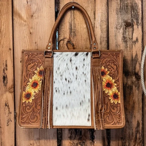 Hand-Tooled Sunflower Leather Tote with Cowhide Panel - Brown - Picture 1 of 8